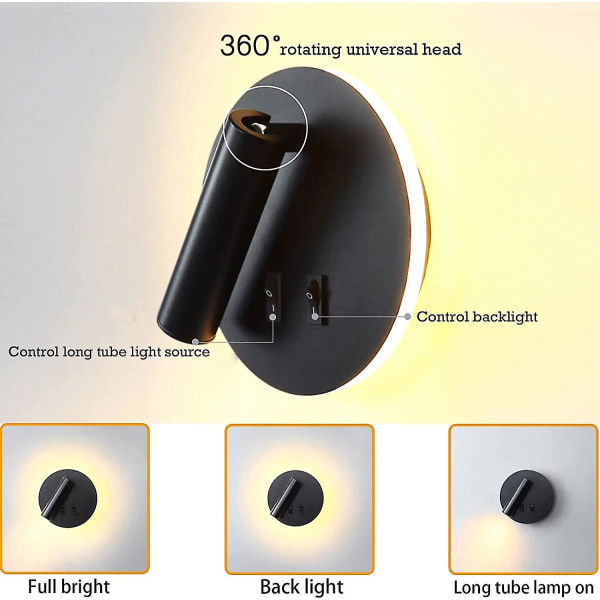 Led Vægslampe, Sengeborde Læselampe, 12w Led Vægs Læselys, Justerbar Spot 3w + 9w 3000k Varmt Lys Sort (rund Form)