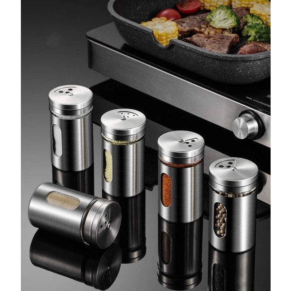 Krydderidåser  Rustfrit Stål Krydderiarrangør Justerbare Hældningshuller Dispensere Med Drejeligt Låg Bbq Krydderi Opbevaringsbeholdere Krydderitins (1 stk, Sølv)