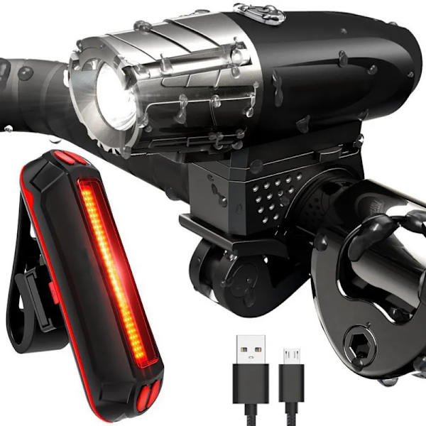 Sykkellykter foran og bak, USB-oppladbare sykkellykter, supersterke 1200 lumen sykkelhodelykt og baklyktsett for nattkjøring