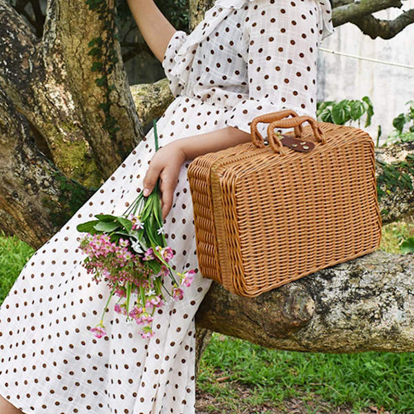 Picnic Kurv med Liner Flet Kurv Opbevaring Vintage Flet Håndtaske Rustik Picnic Kurv Makeup Opbevaringsboks til Camping