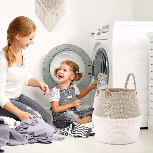 Koristeellinen Boho-pesukori - punottu säilytyskori lastenhuoneeseen - ruskea ja valkoinen