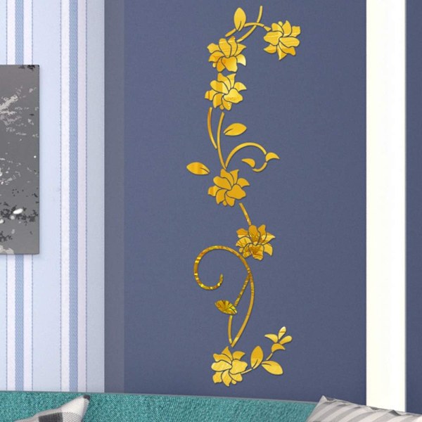 Blomsterranke Akryl Spejl Vægstickers, Elegant Spejlindstilling Vægsticker, Vægsticker Spejl Vægdekoration til Hjemmet Stue Soveværelse Dekoration, Guld