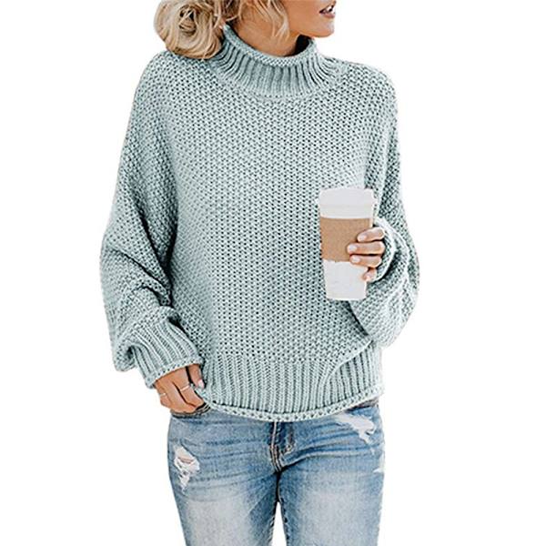 Oversized strikkegenser for kvinner med høy hals, flaggermusarmer, lang erme, løs passform og tykk strikk blue M