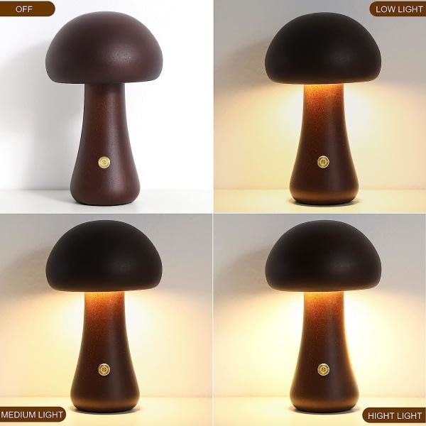 Makuuhuoneen sieni lamppu, kannettava himmennettävä sänkylamppu USB-latauksella, johdoton puinen yölamppu, sieni pöytä (Large, Walnut A)