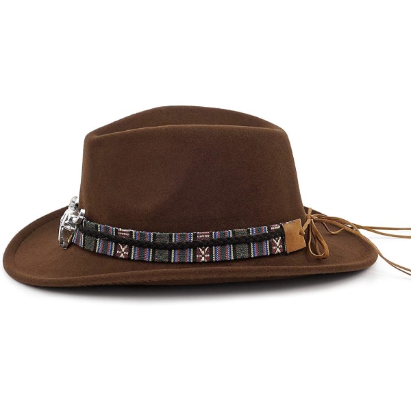 Unisex knusbar cowboyhat Western Cowgirl Outback-hat Cattleman Fedora med flettet bånd og Bull SkullBrown Brown