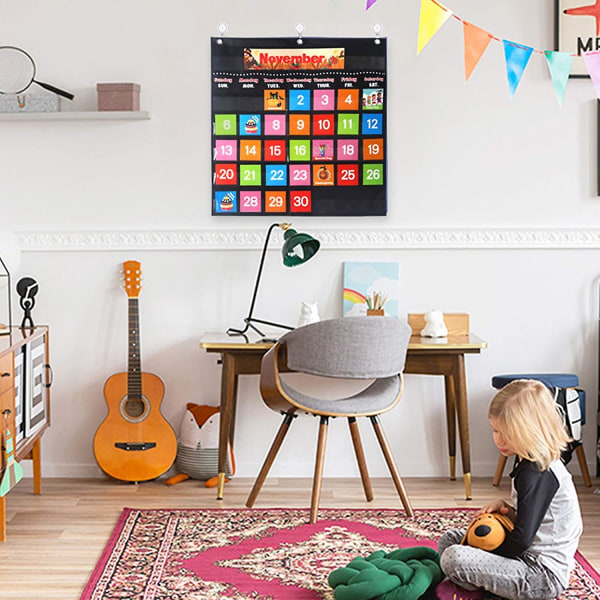 Sort Månedlig Kalender Lommediagram Med 88 Kort, Sort Pædagogisk Lommediagram Til Børn At Lære Til Hjemmet Eller Skolen