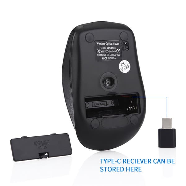 Trådløs mus, USB-C-mottaker, 2,4 GHz ergonomisk 6-knapps design, justerbar 800/1200/1600 DPI for MacBook, bærbare datamaskiner, svart