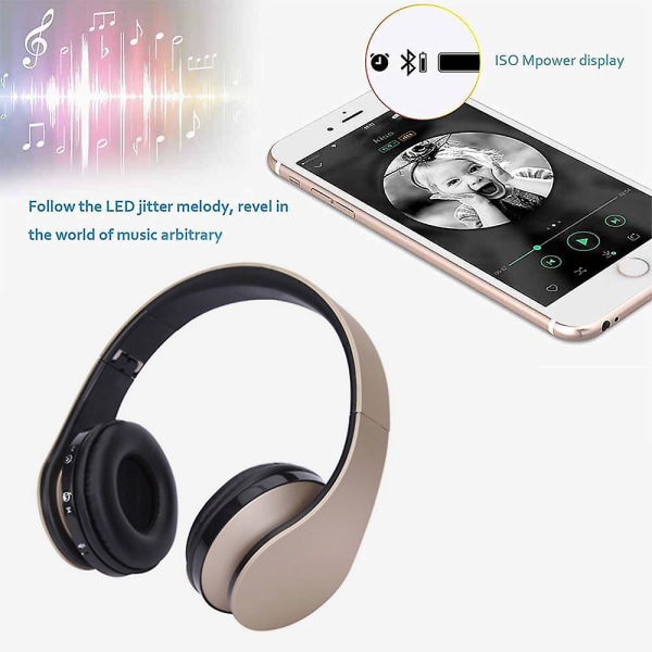 Bluetooth-hodetelefoner Trådløse, over øret-hodetelefoner med mikrofon, sammenleggbare og lette, mp3-modus og FM-radio for mobiltelefoner Laptop TvGold Gold