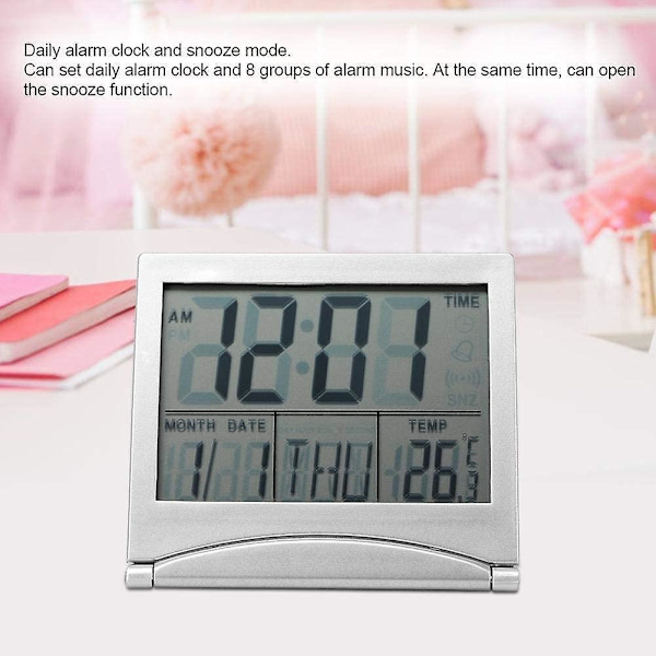 Digital vækkeur, bærbar, foldbar, temperatur, kalender, snooze, LED-display, med læderbetræk (1 stk., sølv)