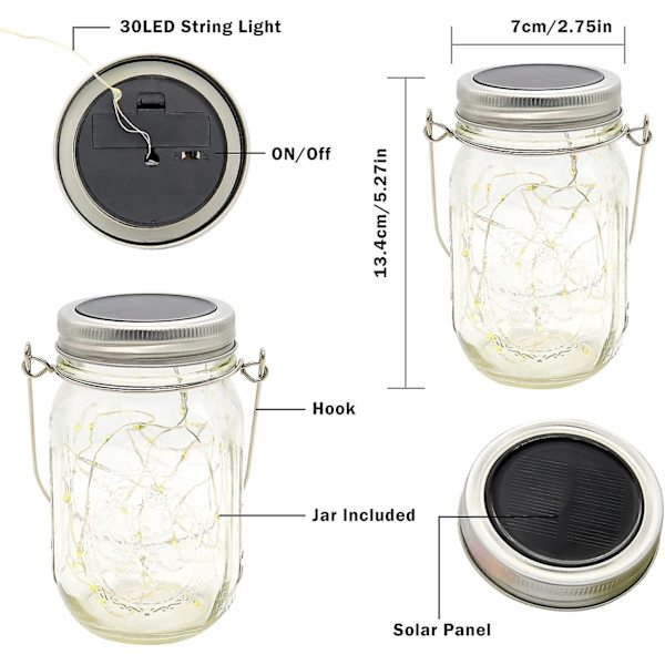 Solcellelamper Utendørs, 3 Stykker Solcellehagelamper 30 Led Vanntette Mason Jar Hagelamper For Innendørs Utendørs Belysning Dekor Juleris (wa