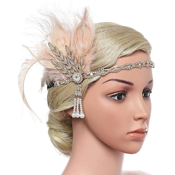 Art Deco Flapper Blad Bryllups Tiara Perle Hodeplagg Hodebånd Med Fjær Gult Yellow