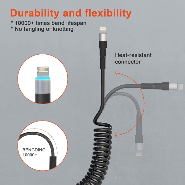 5 fot kveilet Lightning-kabel kompatibel kort USB til Lightning Apple Carplay-kabel med datasynkronisering og LED, uttrekkbar laderledning for iPhone/Pad/Pod
