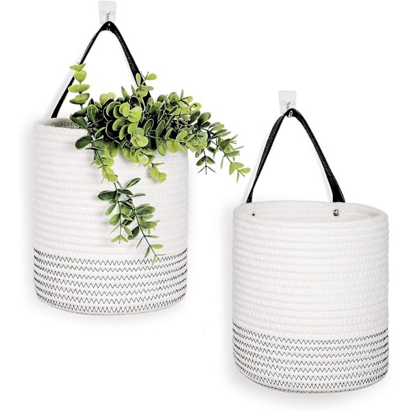 2-pack Hängande Korg - 7.87\" X 7\" Liten Vävd Fern Hängande Repkorg Blommor Växt Väggkorg Dekor Set BohoVit Med Söm White With Stitch