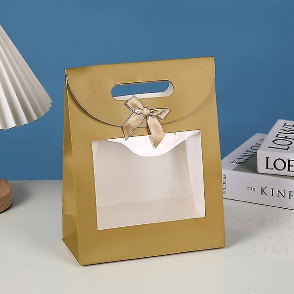 Vahva paperinen seisova lahjakassi, 26 cm x 19 cm x 9 cm, ruskea voimapaperikassi läpinäkyvällä ikkunalla ja rusetilla - 12 kpl kulta Gold