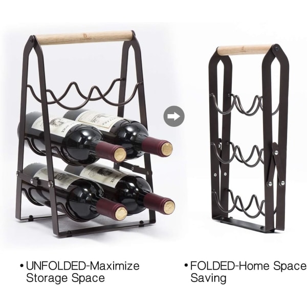 Vinstativ til 6 flasker, metal foldbart vinstativ, lille vinstativ, smalt flaskerack, flaskeholder, let at opbevare