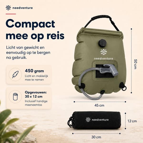 needventure Solarduschpåse 20L med termometer och duschmunstycke, bärbar campingdusch för utomhusbruk, strand, trädgård och vandring, grön