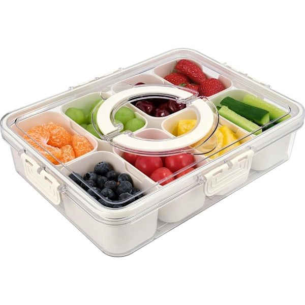 RIYI Snackle Box Container - 8-Compartment Serving Tray with Lid and Handle - Portable - for Veggie and Charcuterie Boxes