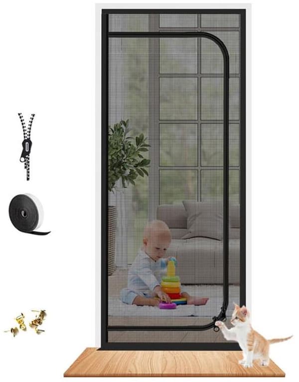 Kattesikker skærmdør med lynlås, ridsefast forstærket net, værktøjsfri montering til skyde- og terrassedøre, 80x210cm, sort