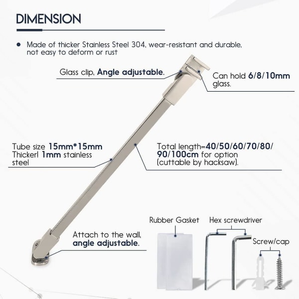 40 cm Rammeløs Dusjdør i Rustfritt Stål, Fast Panel, Vegg-til-Glass Støttestang for 6 mm, 8 mm, 10 mm Tykt Glass