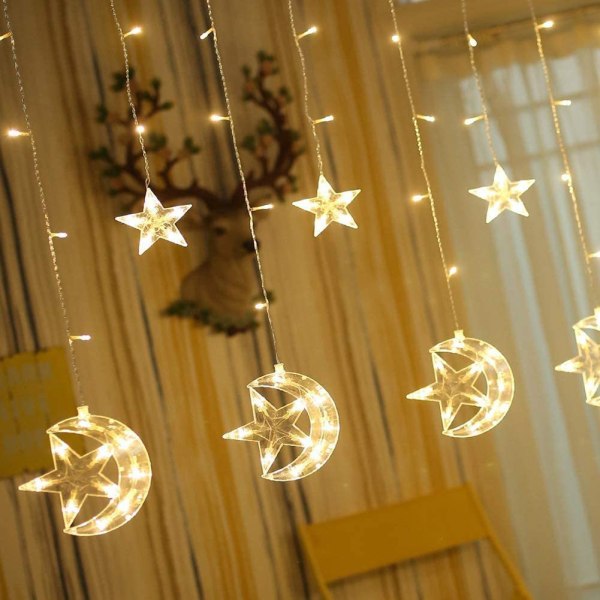 Twinkle Star Moon Curtain Strängljus, dekorationer för ramadan, jul, bröllop, fest, hem, uteplats gräsmatta, varm vit