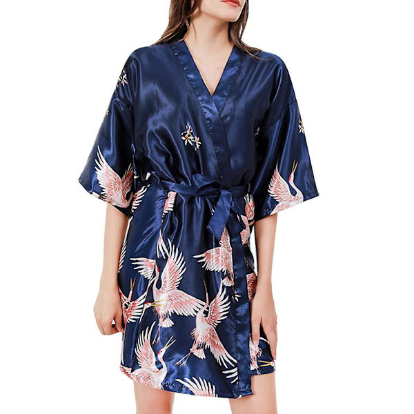 Snygg Nattklänning Artificiell Silke V-Hals Nattklänning Justerbart Bälte Sexiga Robar Sovkläder För L Navy XL