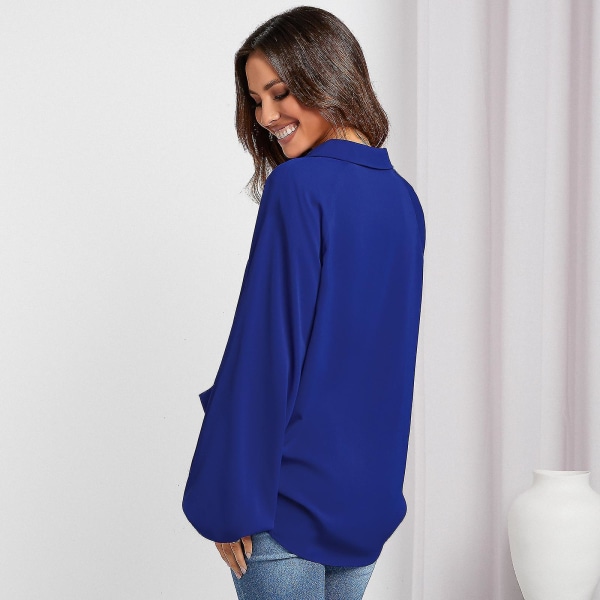 Dameskjorter Lange ærmer med V-hals Design Sense Niche Avancerede løse toppeXLBlå Blue XL