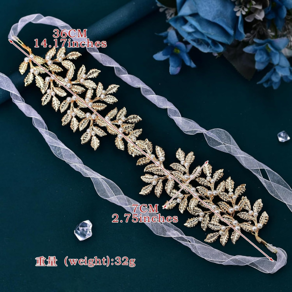 Bryllupshodeband med perler og blad i legering, håndlagde hårtilbehør for bryllup for kvinner og jenter (gull)