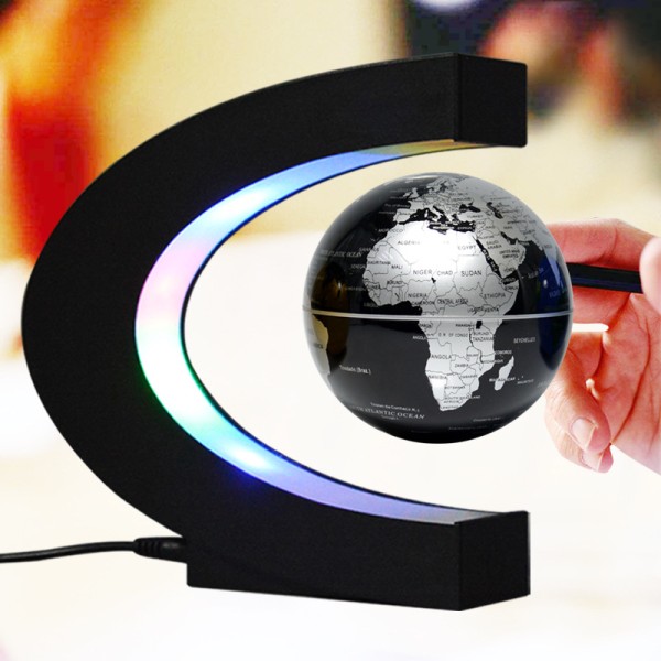 Flytande klot Världskarta Kula Planet Earth Roterande med magnetisk levitation LED-skärm C-format plattformsstativ - utbildningspresent för barn, svart
