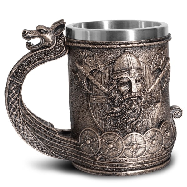 Øl- og kaffekrus i rustfritt stål, middelaldersk nordisk viking skip, bronsefarge, vikingkriger drikkekrus for kollektiv gave