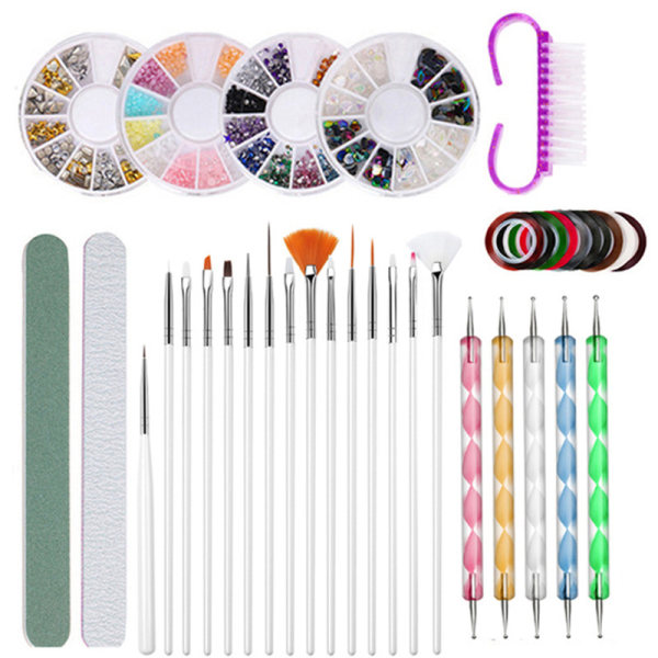 Teenitor Nail Art børster, 3D Nail Art Paiting Polish Design Kit Neglefolie, Manicure Tape, Farve Rhinestones til negle-sort