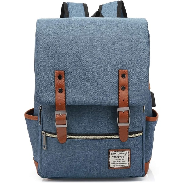 Vintage laptop-rygsæk med USB-opladningsport, college-skuldertaske til mænd, kvinder, passer til op til 15,6 tommer bærbar i blå
