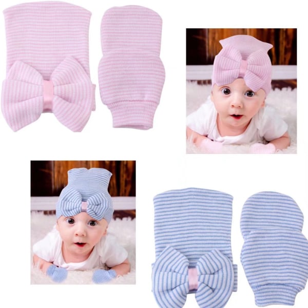 Lasten vaatteet syksyn ja talven baby raidallinen rusetin muotoinen hattu 2kpl (sininen+pinkki)