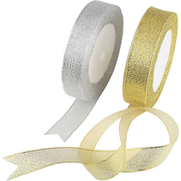 Organza-nauha, glittermetalli-koristeteipistä, joululahjojen ja kimppujen koristeluun (2 kpl kulta + hopea)