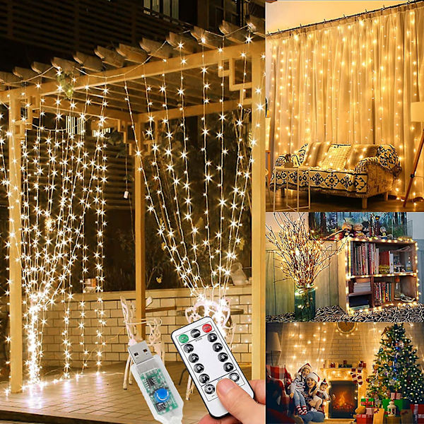 Lysgardin 3x3m, 300 LED Indendørs Lysstreng Gardin 8 Tilstande Lysstrenge Til Festlig Dekoration Speciel Dekoration Belysning Fest Jul
