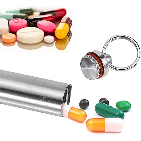 Nøglering Pilleholder, Vandtæt Medicin Pilleæske i Rustfrit Stål Medicin Nøglering Pillebærer Camping Flaskeholder Container Nøglering (1 stk,