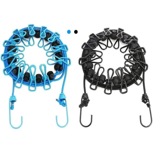 2-pack Bärbar Klädstreck med 12 Klädnypor, Bärbar In- och Utvändig Klädstreck, Resvänlig, Elastisk och Vindtålig Klädstreck