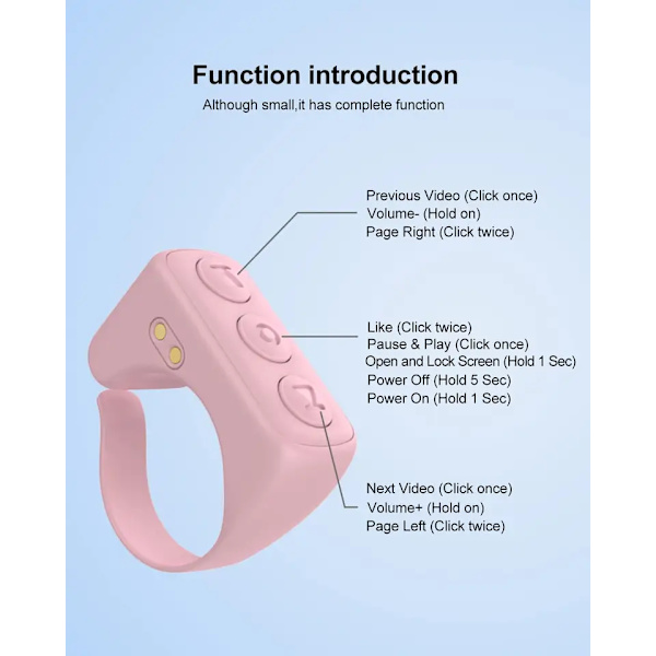 Bluetooth Kamera Video Optagelse Fjernbetjening, TIK Tok Rulle Ring til iPhone, iPad, iOS, Android - Pink Fjernbetjening App Side Turner