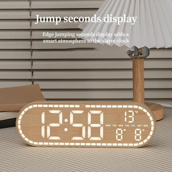 LED digital väggklocka träådring stor display med temperatur datum och alarm för sovrum vardagsrum kök kontor, gul