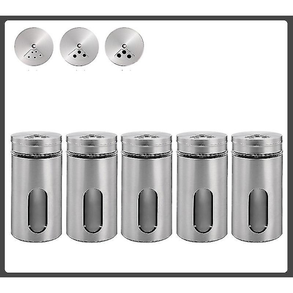 5-pack Kryddburkar Förvaringsbehållare Set Rostfritt Stål Kryddställ Med Roterbart Lock Och Visningsfönster