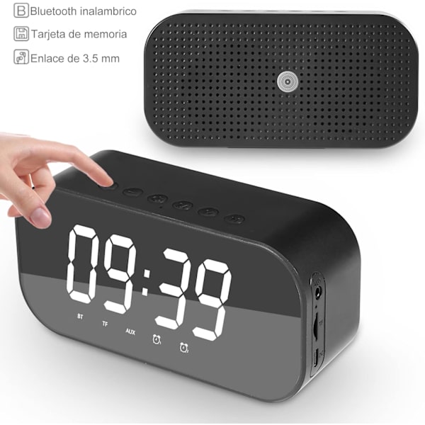 Stereo Trådlös Bluetooth 5.0 Högtalare Bärbar Inbyggd Mikrofon Väckarklocka Perfekt för Resor, Spegelskärm (Svart)