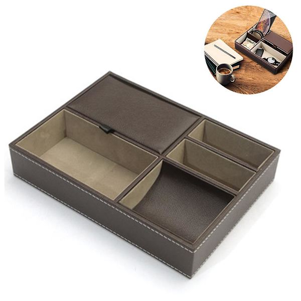 Lærskrivebordsoppbevaringsarrangør, Multi Catchall-brett, Valet-brett, nattbord- eller kommodearrangør - 5 rom for lommebok, telefon, nøkler, smykker, brun Brown
