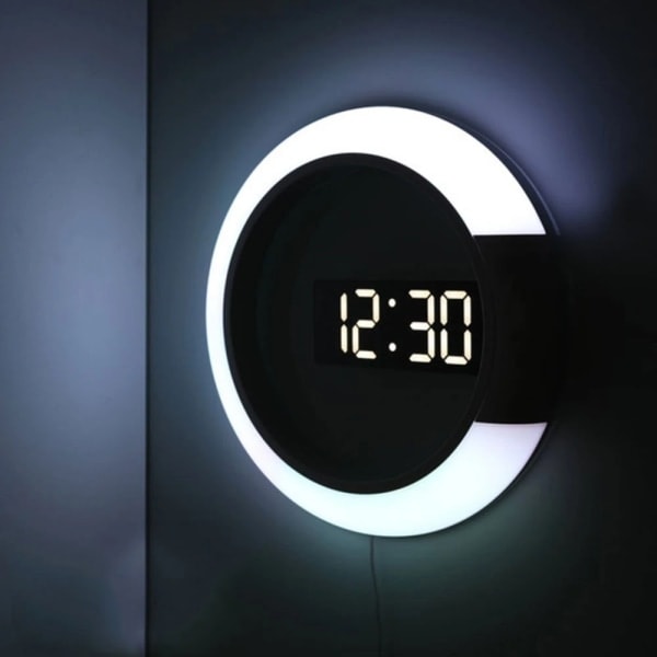 RYI)3D LED Väggklocka Digital Bordsklocka Alarm Spegel Hål