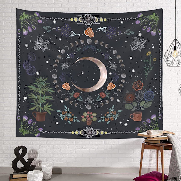 Växtgobeläng, naturmånefas gobeläng väggbonad, bohemisk mandala gobeläng estetisk sovrumsdekor