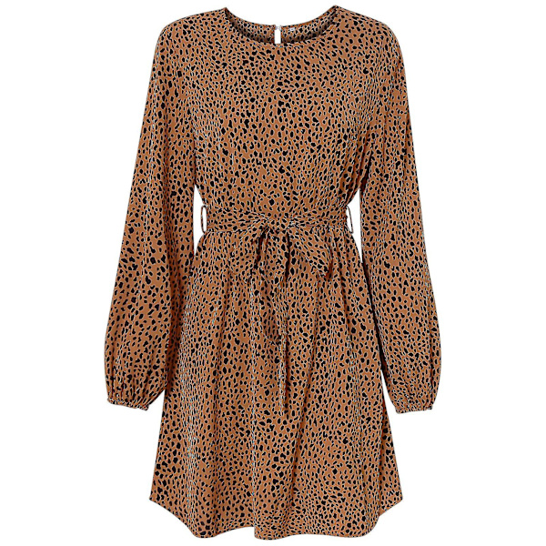 Kvindes Kjole Langærmet Efterår Rund Hals Leopard Print Bindede Kjole SkørteMKhaki Khaki M