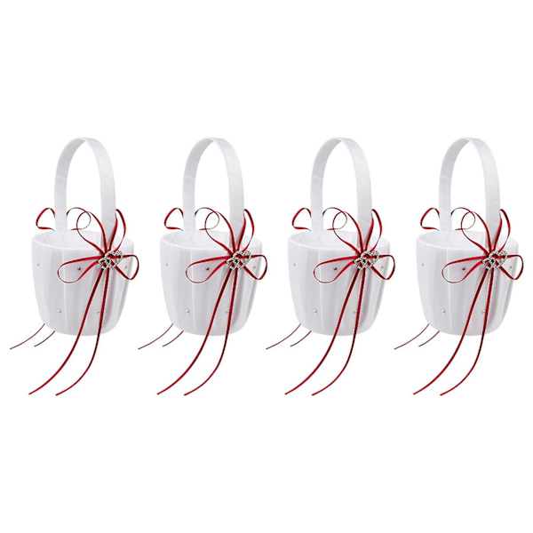 4x Dobbel Hjerte Bryllups Blomsterpikekurv Hvit Satin Rhinestone Dekor Rød Bryllups Seremoni Fest