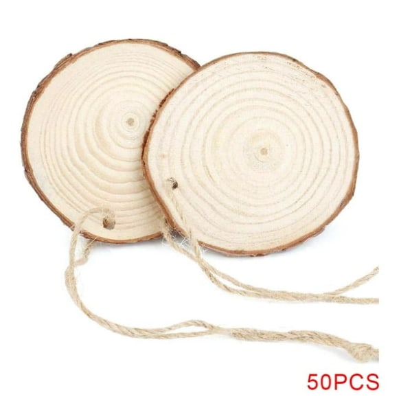 50 st Runda naturliga träskivor oavslutade förborrade hål träcirklar julbröllopsprydnader skivor med rep
