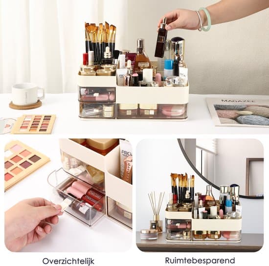 Makeup Organizer med 3 Skuffer, Multifunktionel Opbevaring til Hudpleje til Toilettet, Badeværelset, Soveværelset, Beige