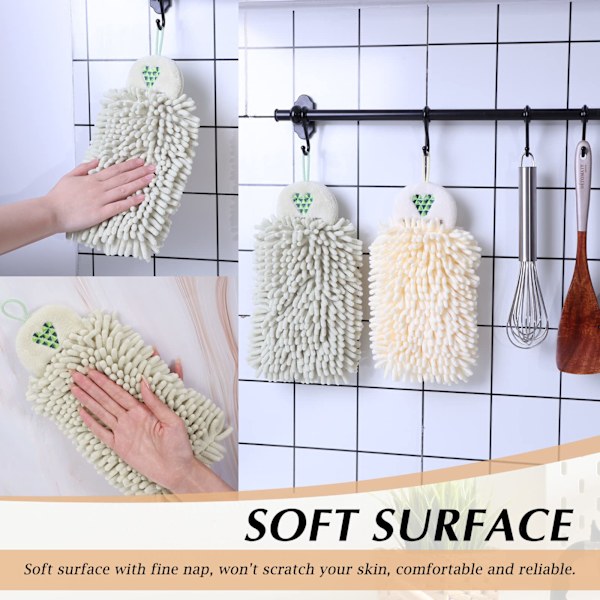2 stk håndklær hengende fuzzy ball håndklær chenille håndklær for bad håndklær med hengeløkker beige og lysegrønn