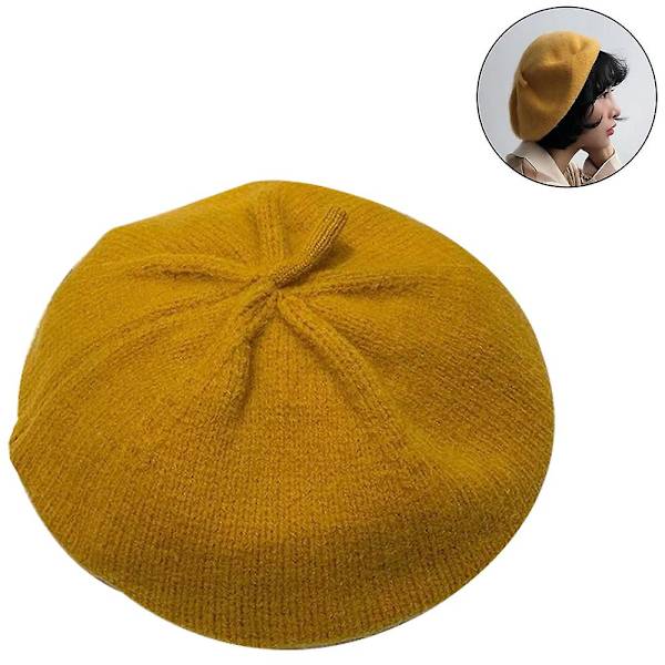 Beretti Naisille, Ranskalaistyylinen Pipo Talvi Muoti Lämmin Villavuori Neulotuppi Retro Pehmeä Puhdas Väri Villikeltainen Yellow