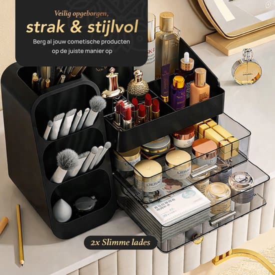 Makeup Organizer med Skuffer og Rum, Kosmetikopbevaring til Hudpleje, Parfume og Børster, til Badeværelsesvask, Sort